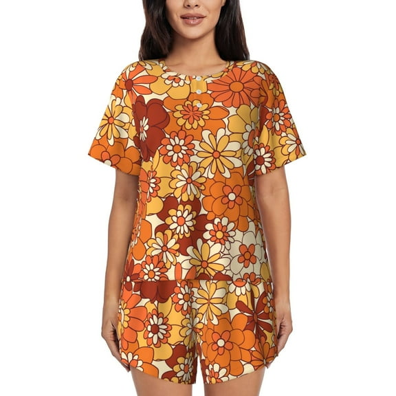 Fuzoiu Hippie Flower Print Women's Short-Sleeved Pajama Set,Lounge Sleepwear Set,Womens Pajama Sets 2 Piece,Button-Up Top and Shorts with Pockets-Large