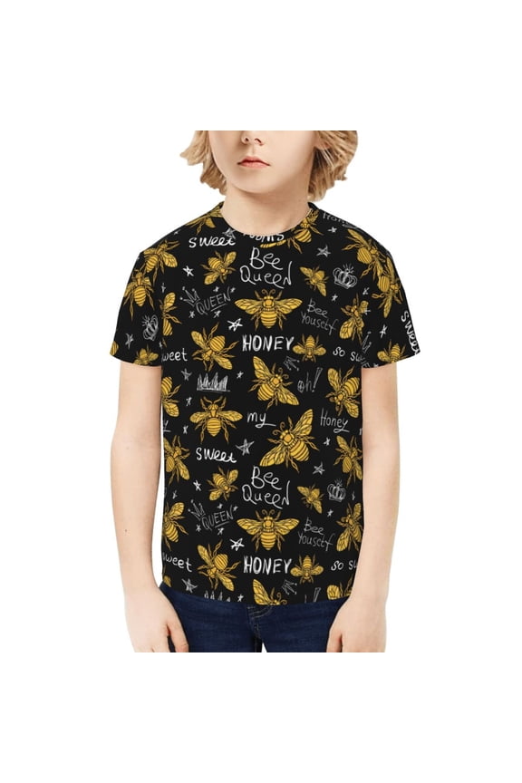 Hohey Bee Golden Embroidery Print Boys' Casual T-Shirt,Crewneck Undershirts,Boys Athletic Shirt,Short Sleeve T-Shirts for Outdoor Play