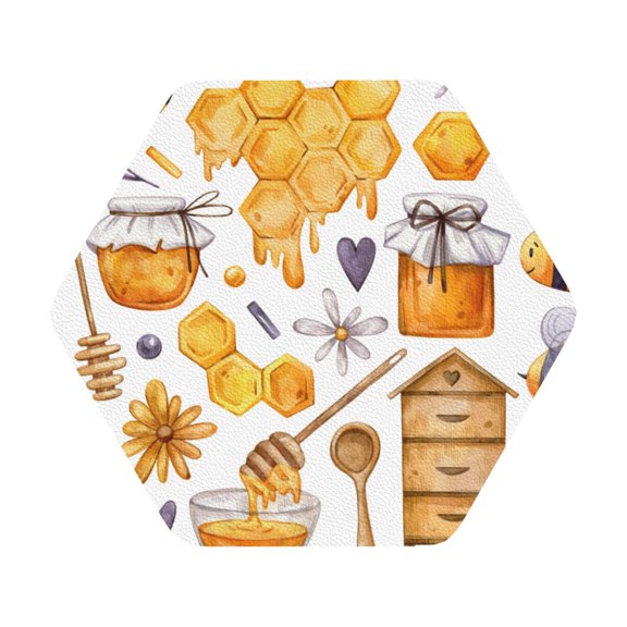 Fuzoiu Honey Bee Set Print Leather Coasters Set,Drink Coasters Set of 6,for Tabletop Protection, Durable PVC Coasters,Home Décor and Housewarming Gift,Hexagon