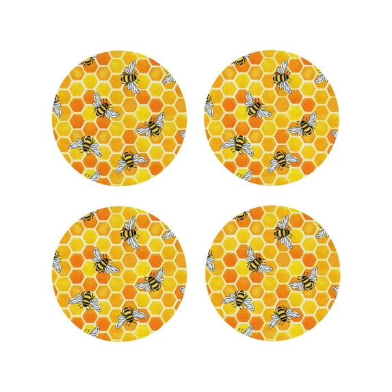 Fuzoiu Honeycombs Print Leather Coasters Set,Drink Coasters Set of 4,for Tabletop Protection, Durable PVC Coasters,Home Décor and Housewarming Gift-Round Shape