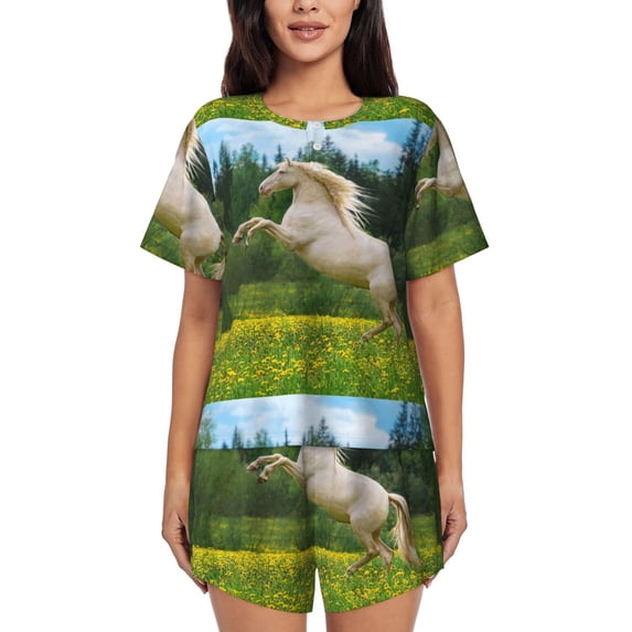 Fuzoiu Horse Rearing Up In The Field Print Women's Short-Sleeved Pajama Set,Lounge Sleepwear Set,Womens Pajama Sets 2 Piece,Button-Up Top and Shorts with Pockets-Large