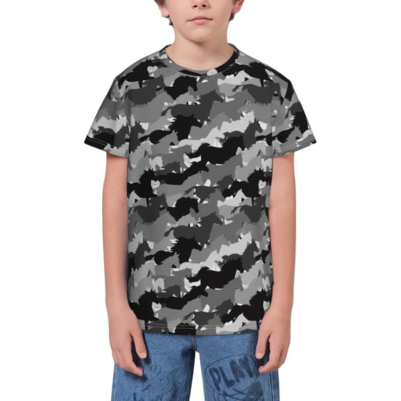 Fuzoiu Horse Silhouette Print Youth Short Sleeve T-Shirt,Youth Dry-Fit Active Athletic T-Shirt,Short Sleeve Tops Tees for School, Sports, and Casual Wear