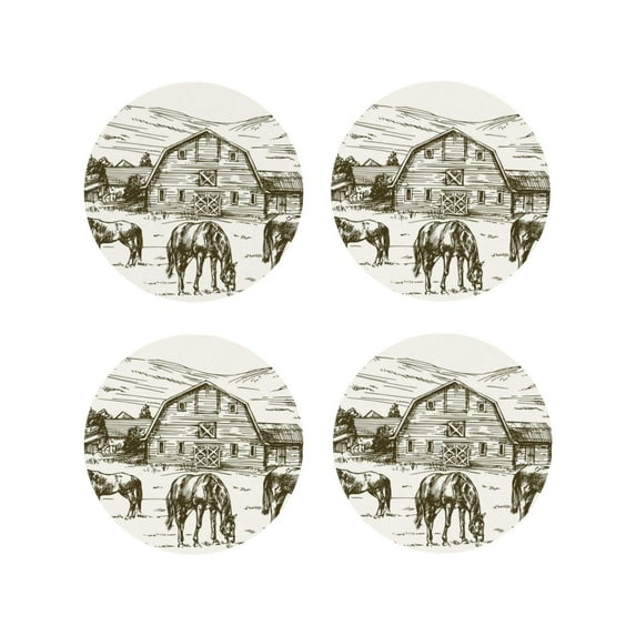 Fuzoiu Horses Grazing On Meadow Print Leather Coasters Set,Drink Coasters Set of 4,for Tabletop Protection, Durable PVC Coasters,Home Décor and Housewarming Gift-Round Shape