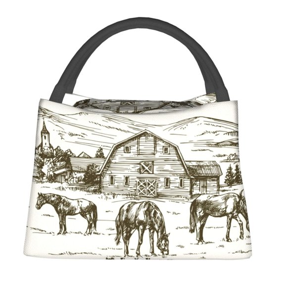 Fuzoiu Horses Grazing On Meadow Print Portable Insulation Lunch Bag,Large Lunch Box,Container Reusable Leakproof Tote for Work, Travel, and Outdoor Activities