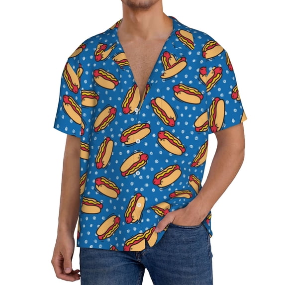 Fuzoiu Hot Dog 1 Print Men's Casual Short,Men's Short Sleeve Shirt,Mens Casual Button Down Shirts,Cuban Collar Summer Shirt for Beach, Vacation, and Outdoor Activities-3X-Large