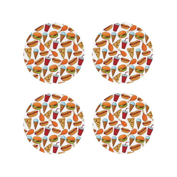 Fuzoiu Hot Dog Burger Print Leather Coasters Set,Drink Coasters Set of 4,for Tabletop Protection, Durable PVC Coasters,Home Décor and Housewarming Gift-Round Shape
