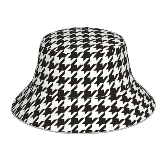 Fuzoiu Houndstooth Black And White Print Reflective Bucket Hat,Outdoor Hat for Men and Women,Bucket Hat for Travel Fishing Hunting Summer Camp