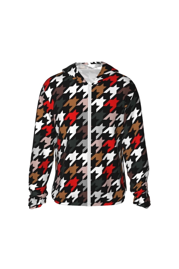 Houndstooth Green Red Print Unisex Sun Protection Hoodie,UPF 50+ Light Jacket,Full Zip Sun Protection Hoodie,Long Sleeve Sun Shirts,for Outdoor Activities-Large