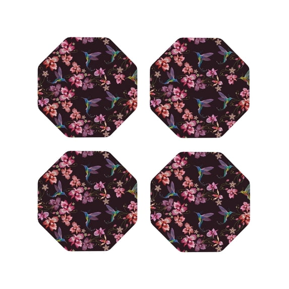 Fuzoiu Humming Bird And Tropical Print Leather Coasters Set,Drink Coasters Set of 4,for Tabletop Protection, Durable PVC Coasters,Home Décor and Housewarming Gift-Octagon