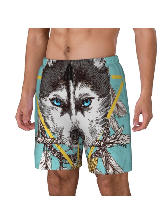Husky With Dreamcatcher Print Men's Swim Shorts,Quick-Dry Double-Layer Swim Trunks,Board Trunks,Beach Shorts Swimwear Bathing Suits-XX-Large