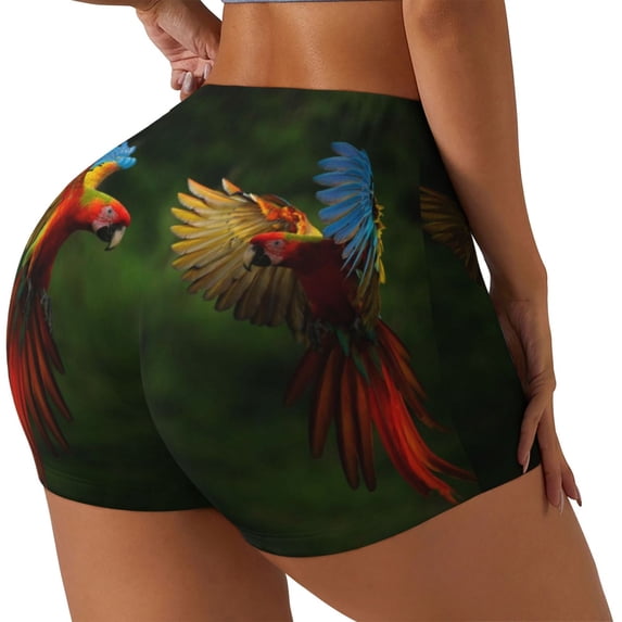 Fuzoiu Hybrid Parrot in the Forest Print Women's Workout Shorts,Workout Biker Shorts Women,Exercise Fitness Shorts,Scrunch Short, Athletic Shorts for Gym Yoga Running Sport Active-Large