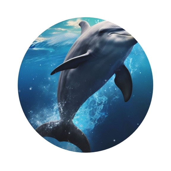 Fuzoiu Ice Blue Ocean Cute Dolphin Print Leather Coasters Set,Drink Coasters Set of 6,for Tabletop Protection, Durable PVC Coasters,Home Décor and Housewarming Gift,Round Shape