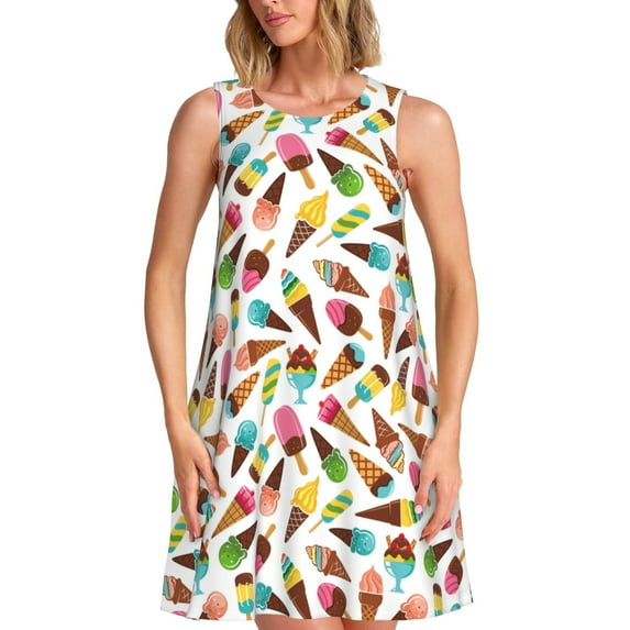 Fuzoiu Ice Cream Popsicles Print Women's Sleeveless Dress,Summer Dresses for Women,Casual Sundresses,Beach Sleeveless T-shirt Swing Dress with Pockets