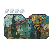 Fuzoiu Impressionist Village Sky Print Car Windshield Sunshade,Foldable Reflective Sun Visor,Windshield Sun Shade,UV Rays Sun Visor Shade,Auto Front Sun Shield Shade-Medium