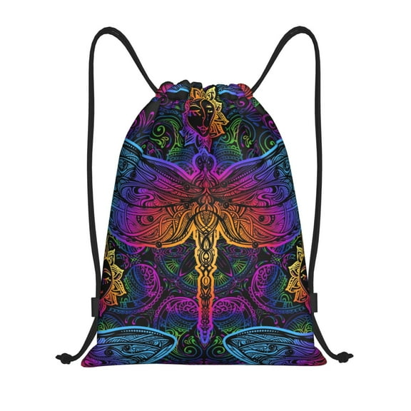 Fuzoiu Indian Mandalas Dragonfly Print Drawstring Backpack for Gym, Travel, Yoga,Sports Sackpack String Bag for Women Men-Small