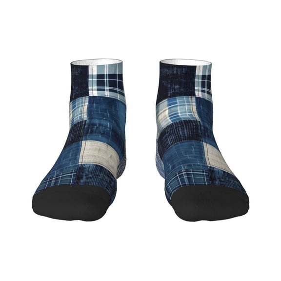 Fuzoiu Indigo Patchwork Quilt Print Adult Socks, Crew Moisture-wicking Socks, Unisex Cushion Crew Socks,Casual Sports Ankle Socks