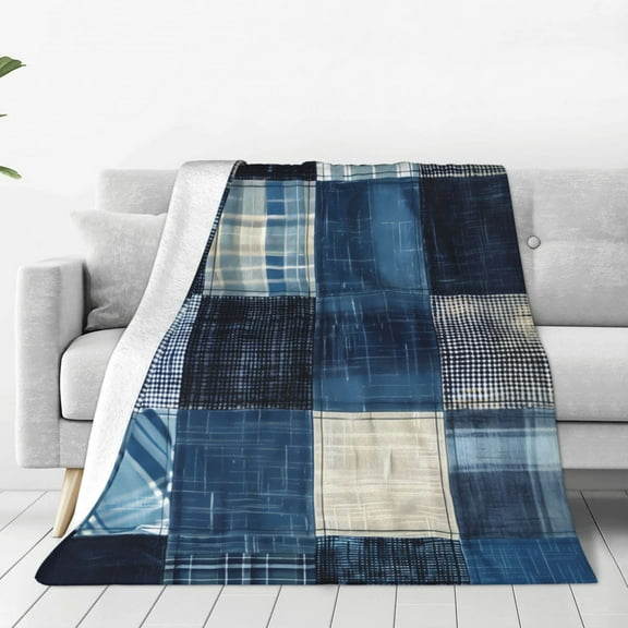 Fuzoiu Indigo Patchwork Quilt Print Ultra-Soft Micro Fleece Blanket,All Seasons Flannel Throw, Lightweight Blanket for Bed, Sofa, Couch, Movie Night, Camping, and Travel-40"x30"