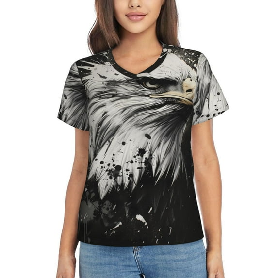 Fuzoiu Ink Style Bald Eagle Print Women's Classic V-Neck T-Shirt, Short Sleeve V Neck Tees for Casual Everyday Wear,Casual Fit Tee,Summer Fashion Tops-Small