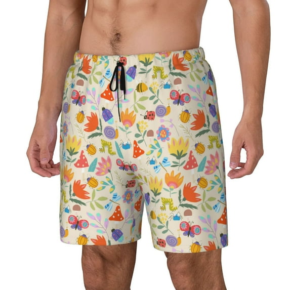 Fuzoiu Insects In Plants Print Men's Swim Shorts,Quick-Dry Double-Layer Swim Trunks,Board Trunks,Beach Shorts Swimwear Bathing Suits-3X-Large