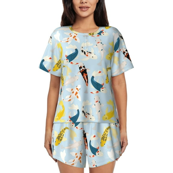 Fuzoiu Japanese Carps Print Women's Short-Sleeved Pajama Set,Lounge Sleepwear Set,Womens Pajama Sets 2 Piece,Button-Up Top and Shorts with Pockets-Small