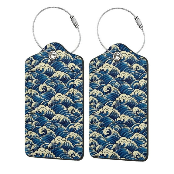 Fuzoiu Japanese Water Wave Print Premium Leather Luggage Tag,Travel Accessory,Luggage Tag for Suitcase Baggage Handbag Travel Bag,Name Card & Privacy Cover-2 PCS