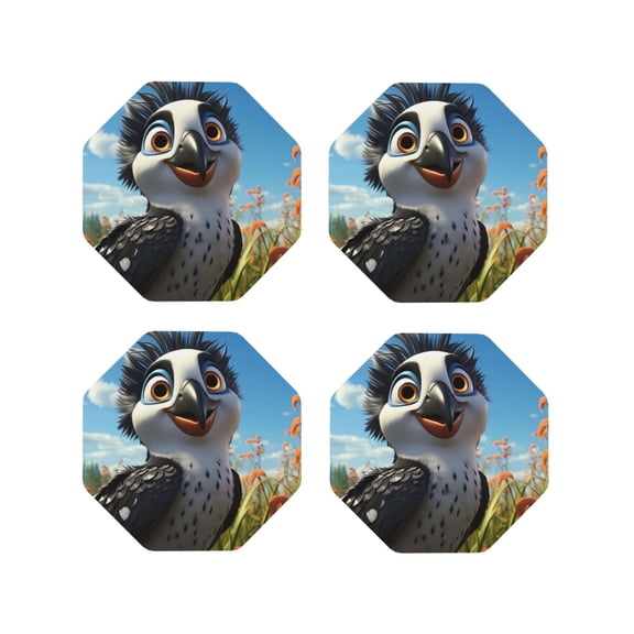 Fuzoiu Joyful Animated Bird Print Leather Coasters Set,Drink Coasters Set of 4,for Tabletop Protection, Durable PVC Coasters,Home Décor and Housewarming Gift-Octagon