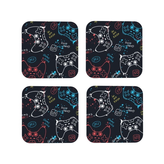 Fuzoiu Joystick Gamepad Print Leather Coasters Set,Drink Coasters Set of 4,for Tabletop Protection, Durable PVC Coasters,Home Décor and Housewarming Gift-Square