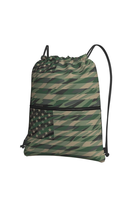Jungle Green Camo USA Flag Print Drawstring Backpack Water Resistant String Bag Sports Sackpack Gym Sack for Men Women