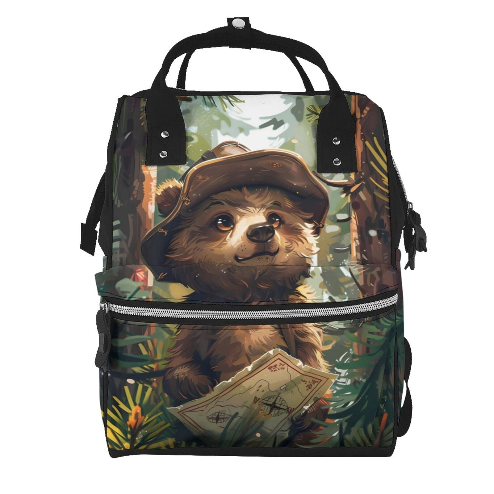 Fuzoiu Jungle Hat Bear Print Diaper Bag Backpack,Baby Essentials Travel Tote,Multi function Waterproof Diaper Bag, Travel Essentials Baby Bag - Unisex