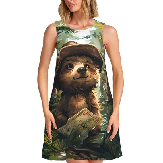 Fuzoiu Jungle Hat Bear Print Women's Sleeveless Dress,Summer Dresses for Women,Casual Sundresses,Beach Sleeveless T-shirt Swing Dress with Pockets