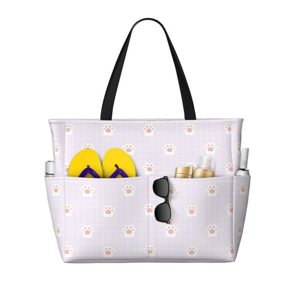 Fuzoiu Kawaii Cat Paw Print Waterproof Beach Tote Bag for Women Girls with Zipper,Sandproof Pool Swim Bag,Large Capacity Beach Travel Bag for Pool Swim Travel Everyday
