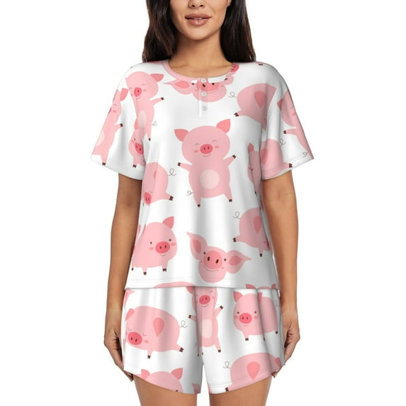 Fuzoiu Kawaii Pigs Print Women's Short-Sleeved Pajama Set,Lounge Sleepwear Set,Womens Pajama Sets 2 Piece,Button-Up Top and Shorts with Pockets-Large