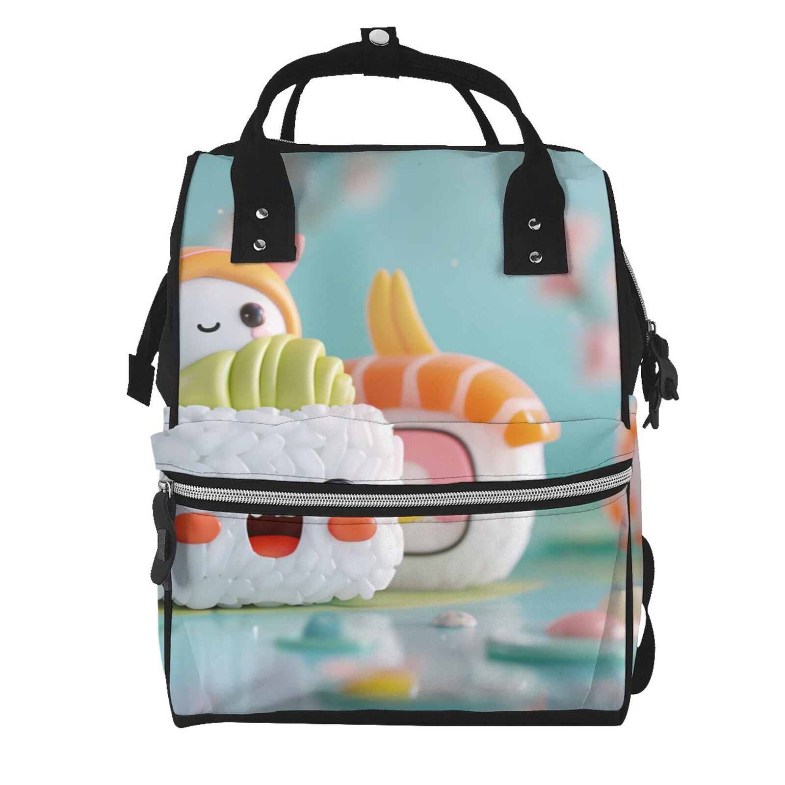 Fuzoiu Kawaii Sushi Characters Delight Print Diaper Bag Backpack,Baby Essentials Travel Tote,Multi function Waterproof Diaper Bag, Travel Essentials Baby Bag - Unisex