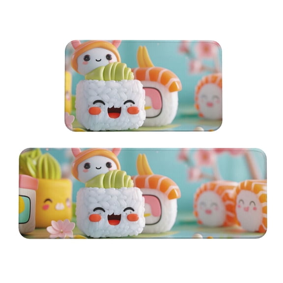 Fuzoiu Kawaii Sushi Characters Delight Print Kitchen Floor Mat 2 Sets,Kitchen Rugs and Mats,,Non Skid Waterproof Kitchen Floor Mat for Kitchen,Home Office,Sink,Laundry