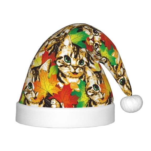 Fuzoiu Kittens With Maple Leaves Print Santa Hat Christmas Hat for kids,Santa Hats with Pompom, Unisex Xmas Holiday Hat for Christmas New Year Festive Party Supplies