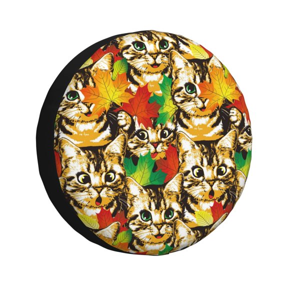 Fuzoiu Kittens With Maple Leaves Print Universal Spare Tire Cover with Buckle Strap, Waterproof Wheel Covers for Jeep, Trailer, RV, Truck and All Car-14 inch