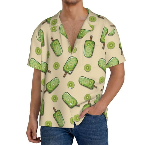 Fuzoiu Kiwi Ice Cream Print Men's Casual Short,Men's Short Sleeve Shirt,Mens Casual Button Down Shirts,Cuban Collar Summer Shirt for Beach, Vacation, and Outdoor Activities-X-Large