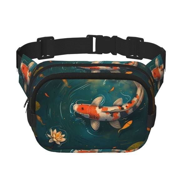 Fuzoiu Koi Pond Lilies Print Unisex Square Double Layer Waist Bag,Crossbody Fanny Pack Travel Workout Accessory