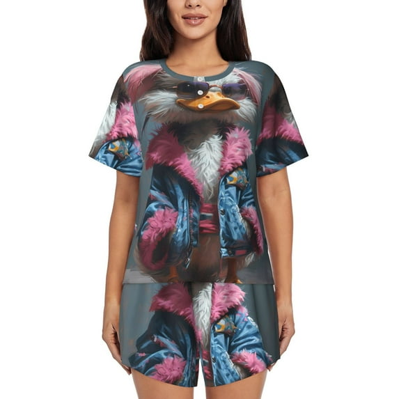 Fuzoiu Lady Duck Print Women's Short-Sleeved Pajama Set,Lounge Sleepwear Set,Womens Pajama Sets 2 Piece,Button-Up Top and Shorts with Pockets-Large