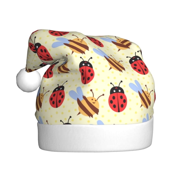 Fuzoiu Ladybug And Bee Print Santa Hat Christmas Hat for Adults,Santa Hats with Pompom, Unisex Xmas Holiday Hat for Christmas New Year Festive Party Supplies