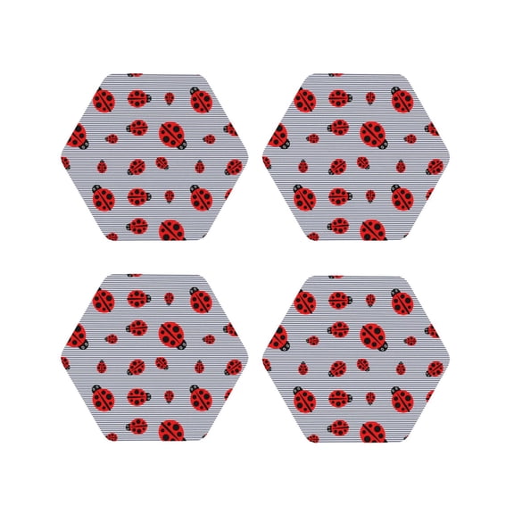 Fuzoiu Ladybug Print Leather Coasters Set,Drink Coasters Set of 4,for Tabletop Protection, Durable PVC Coasters,Home Décor and Housewarming Gift-Hexagon