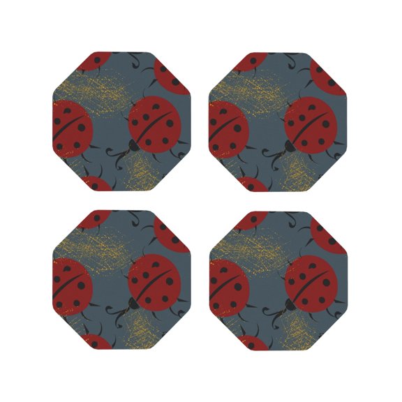 Fuzoiu Ladybug Print Leather Coasters Set,Drink Coasters Set of 4,for Tabletop Protection, Durable PVC Coasters,Home Décor and Housewarming Gift-Octagon