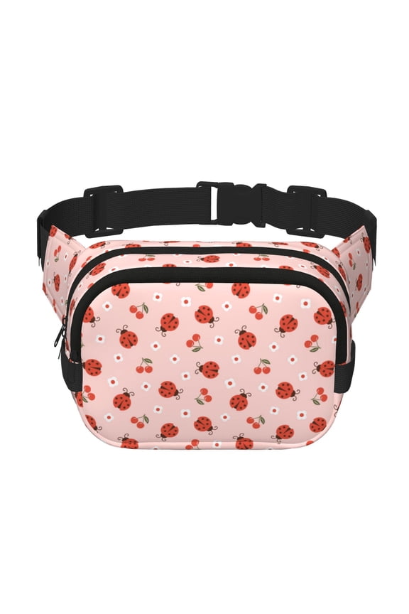 Ladybug With Flower Print Unisex Square Double Layer Waist Bag,Crossbody Fanny Pack Travel Workout Accessory