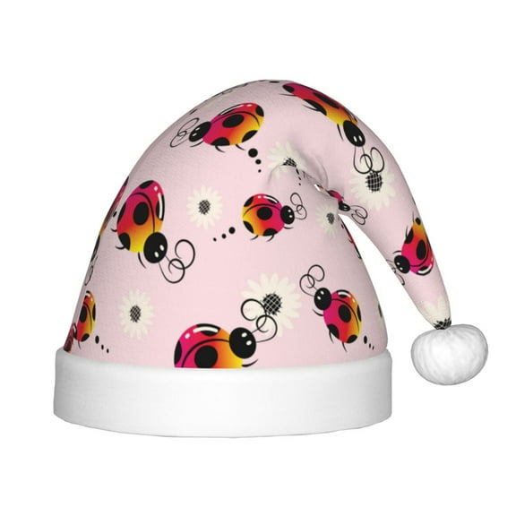 Fuzoiu Ladybugs And Flower Print Santa Hat Christmas Hat for kids,Santa Hats with Pompom, Unisex Xmas Holiday Hat for Christmas New Year Festive Party Supplies