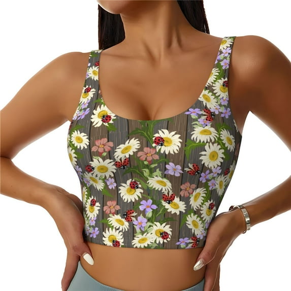 Fuzoiu Ladybugs And Flowers On A Wooden Print Women's Sports Vest,U-Back Sports Tank,Gym Vests,Athletic Sleeveless Shirts,Exercise Undershirts,Yoga, Gym, and Dance Wear-Medium