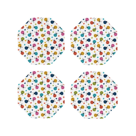 Fuzoiu Ladybugs And Flowers Print Leather Coasters Set,Drink Coasters Set of 4,for Tabletop Protection, Durable PVC Coasters,Home Décor and Housewarming Gift-Octagon
