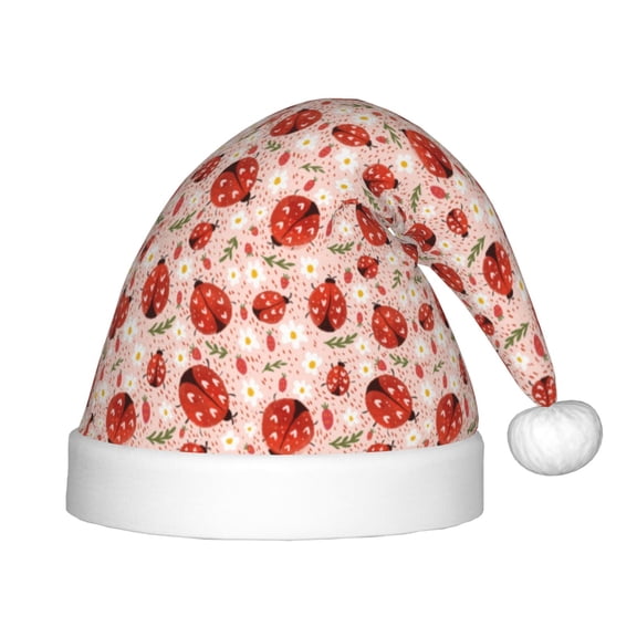 Fuzoiu Ladybugs With Heart Spots Print Santa Hat Christmas Hat for kids,Santa Hats with Pompom, Unisex Xmas Holiday Hat for Christmas New Year Festive Party Supplies