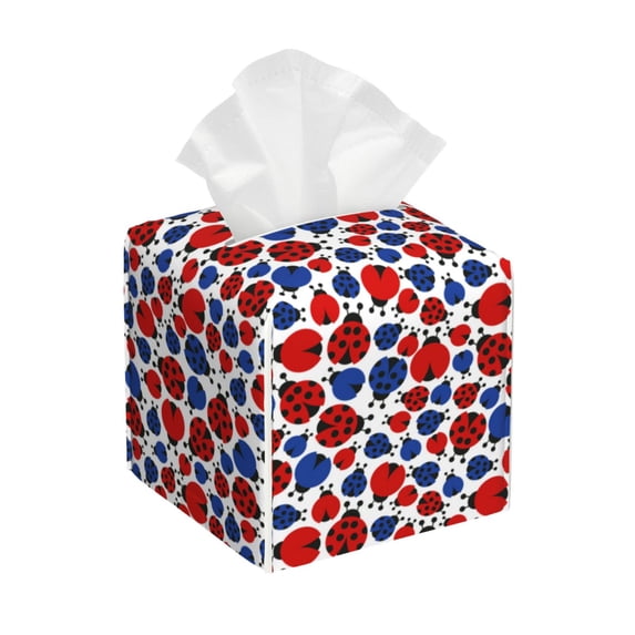 Fuzoiu Ladybugs Print Tissue Box Cover Holder, Square Leather Tissue Box,PU Leather Decorative Organizer for Tabletop, Bathroom, Car, Office