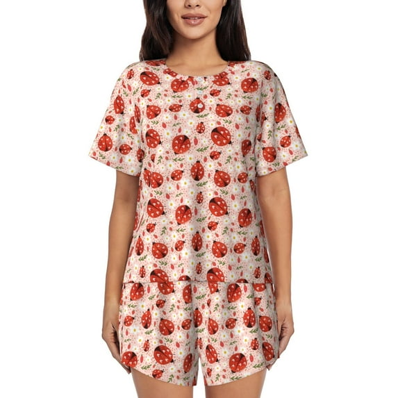 Fuzoiu Ladybugs With Heart Spots Print Women's Short-Sleeved Pajama Set,Lounge Sleepwear Set,Womens Pajama Sets 2 Piece,Button-Up Top and Shorts with Pockets-3X-Large