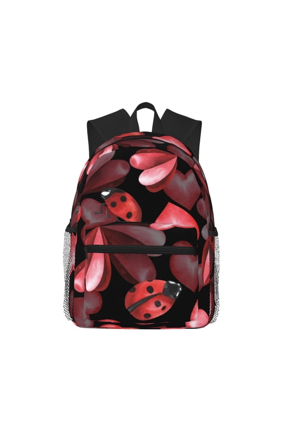 Ladybugs and Red Hearts Print School Backpack for Teens,Large Bookbag,Lightweight Laptop Bag for Travel, Work, School & Outdoor Adventures